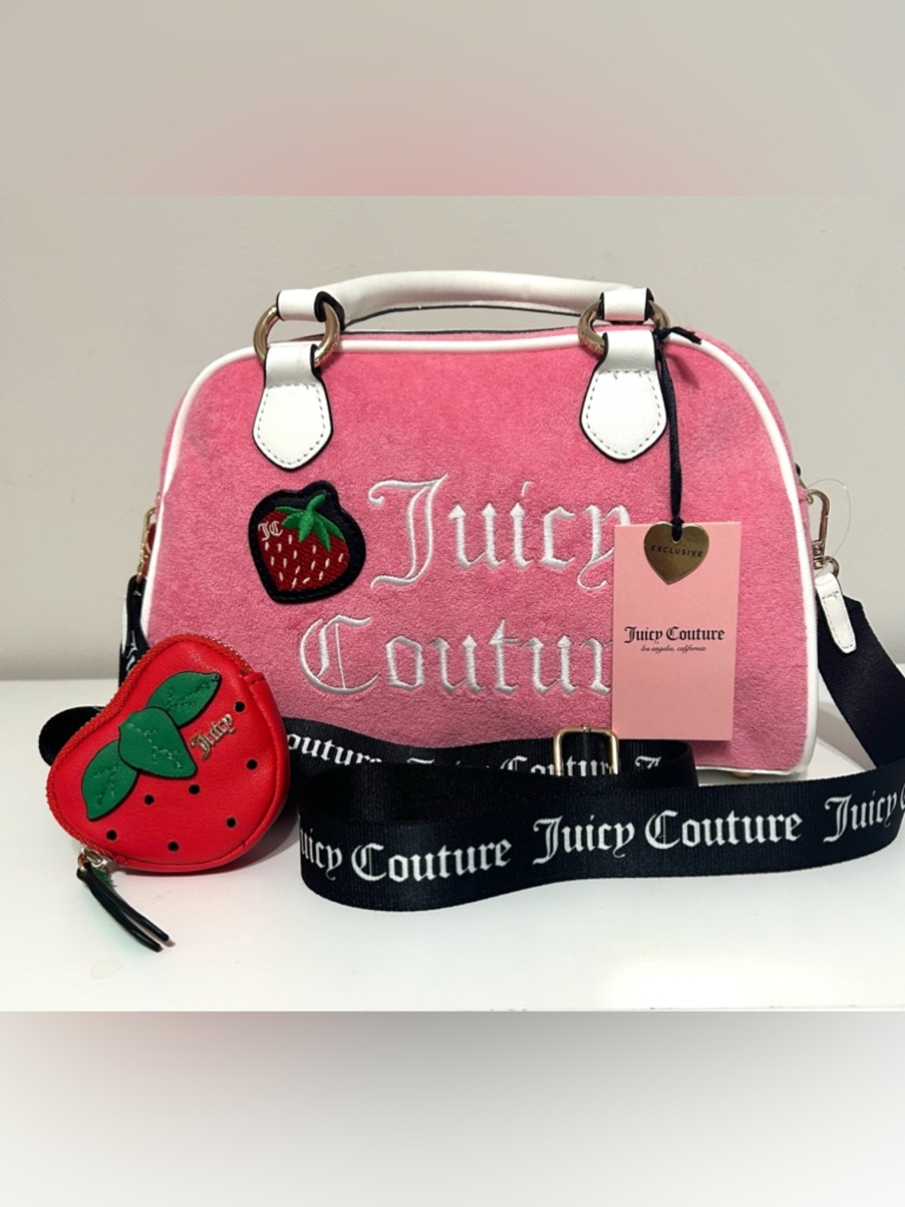 Juicy Couture Strawberry Accent Pink and White Satchel Crossbody
